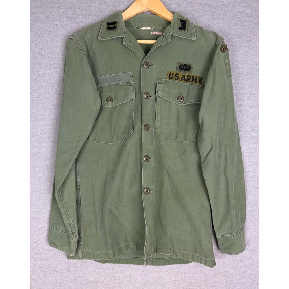 Vintage US Army OG-107 Sateen Cotton Utility Shirt Vietnam Era Ranger Jump Wings